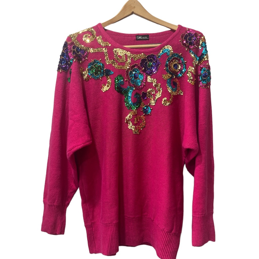 Vintage SML Glitz 80s Pink Knit Sequin Funky Cotton Blend Sweater sz XL.